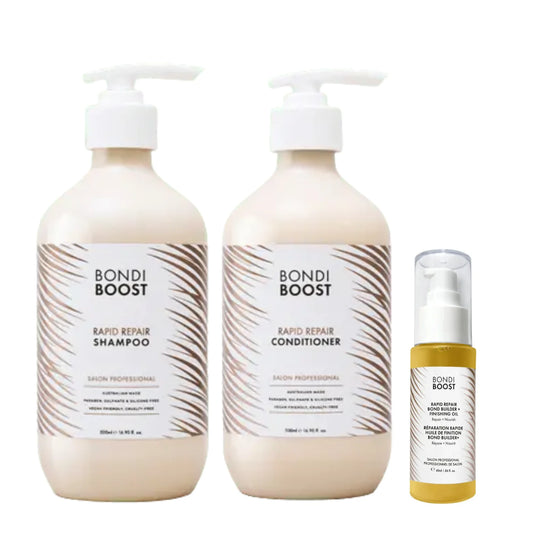 Bondi Boost rapid repair bond builder shampoo & conditioner 500ml & finishing oil 60ml pack π£