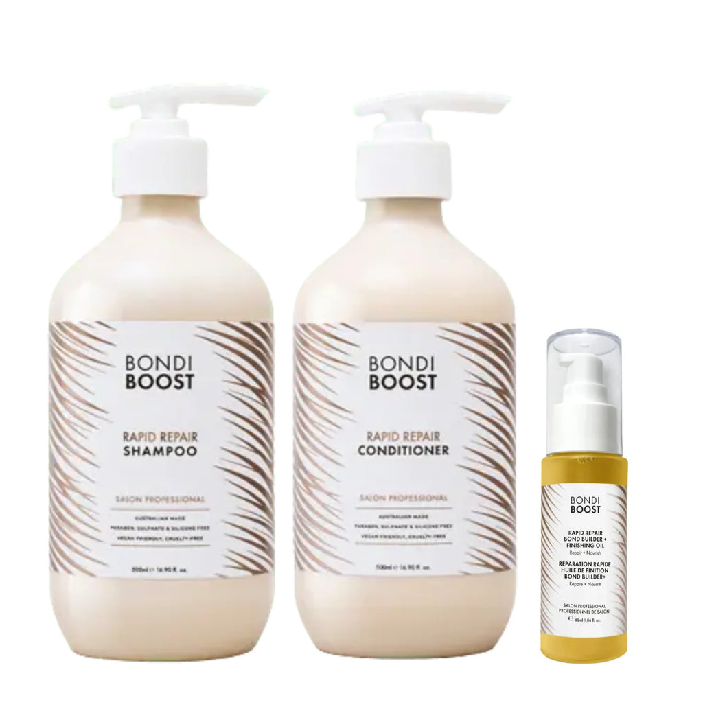 Bondi Boost rapid repair bond builder shampoo & conditioner 500ml & finishing oil 60ml pack 📣