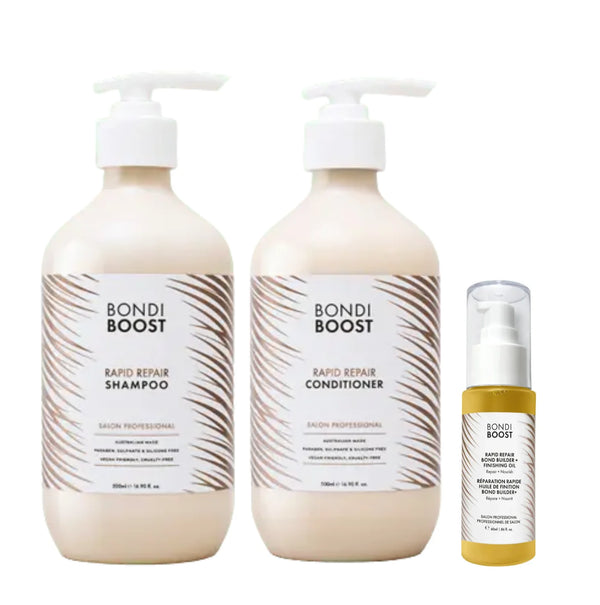 Bondi Boost rapid repair bond builder shampoo & conditioner 500ml & finishing oil 60ml pack 📣