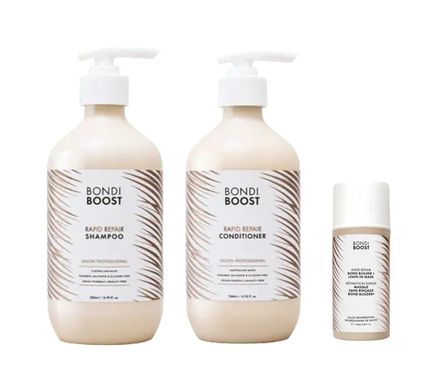 Bondi Boost rapid repair bond builder shampoo, conditioner 500ml & leave In mask 100ml pack 📣